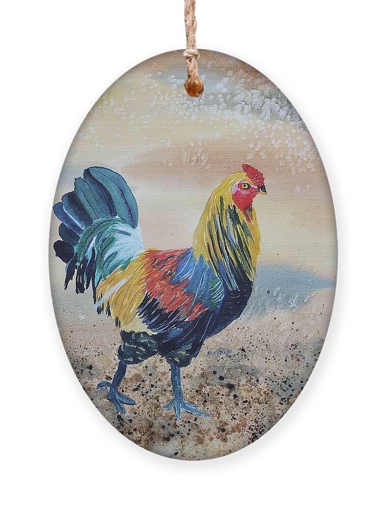 Blue Tail Ornament featuring the painting Blue Tailed Rooster by Ann Frederick