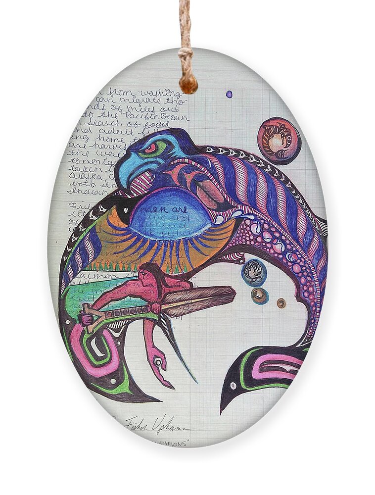 Quinault Nation Ornament featuring the drawing Blueback Salmon by Robert Running Fisher Upham
