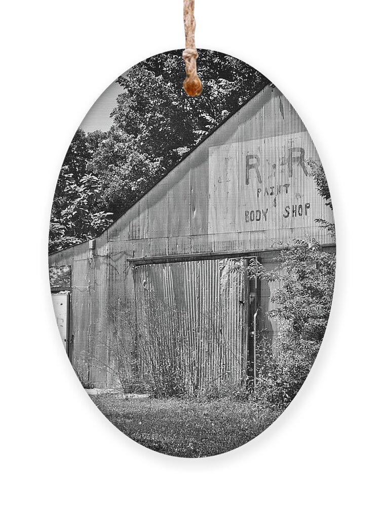 Texas Ornament featuring the photograph Texas Forgotten - Body Shop Barn BW by Chris Andruskiewicz