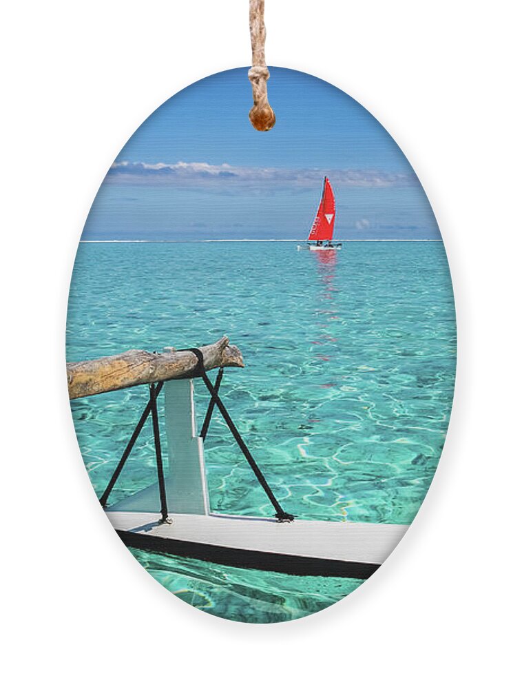 Bora Bora Ornament featuring the photograph Bora Bora lagoon, pirogue versus catamaran by Lyl Dil Creations