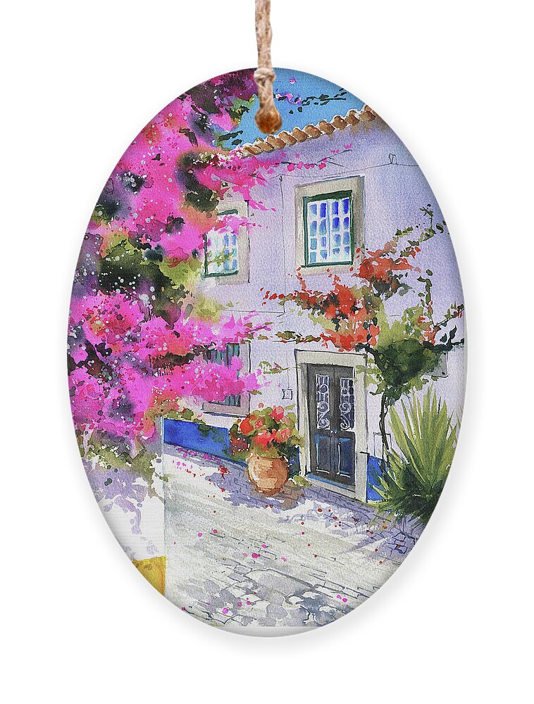 Portugal Ornament featuring the painting Bougainvilleas of Obidos Portugal Painting by Dora Hathazi Mendes