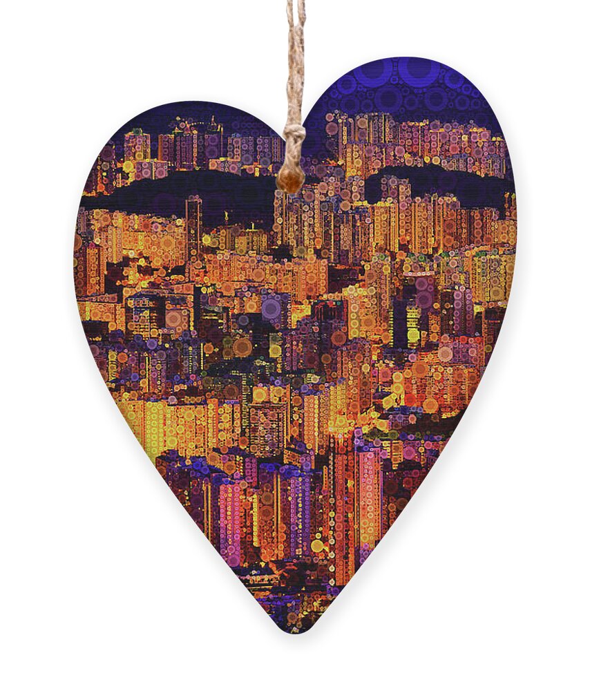 Hong Kong Ornament featuring the mixed media Brighter Lights, Big City by Susan Maxwell Schmidt