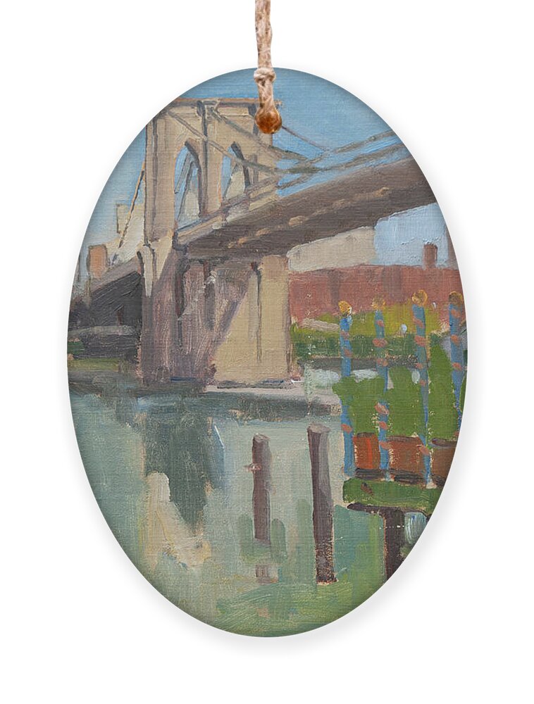 Brooklyn Bridge Ornament featuring the painting Brooklyn Bridge at River Cafe - New York City by Paul Strahm