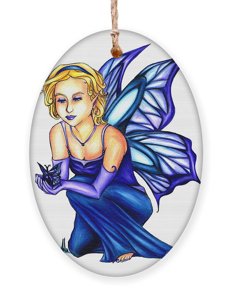 Blond Fairy Ornament featuring the drawing Butterfly with Blond Fairy Drawing by Kristin Aquariann