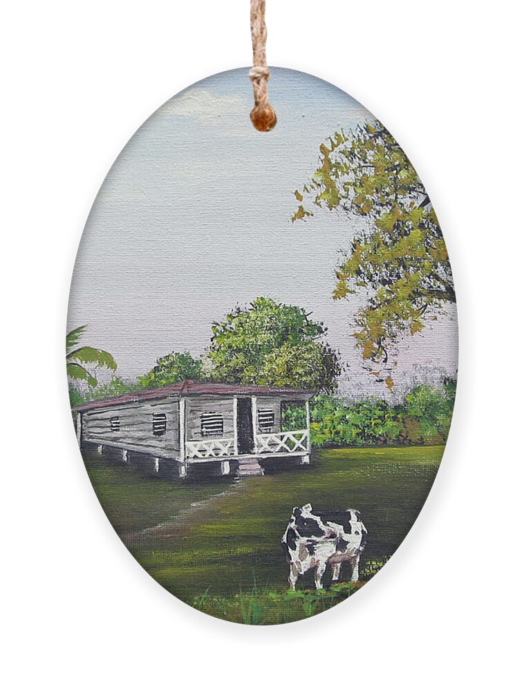 Cow Ornament featuring the painting By The House by Gloria E Barreto-Rodriguez