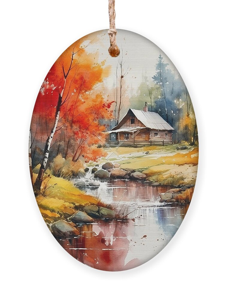 Cabin And Stream Ii Ornament featuring the mixed media Cabin and Stream II by Jay Schankman
