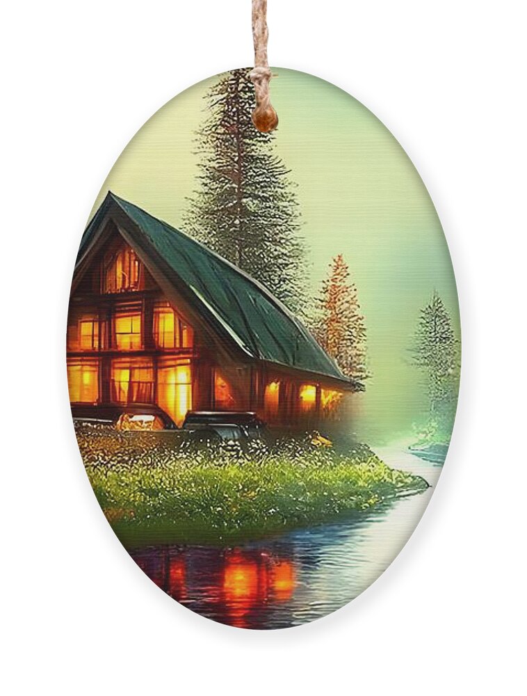 Digital Ornament featuring the digital art Cabin on a River by Beverly Read