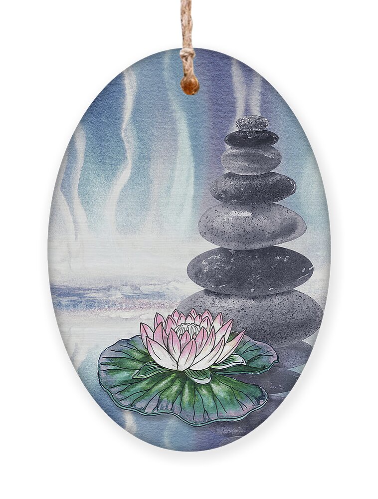 Zen Rocks Ornament featuring the painting Calm Peaceful Relaxing Zen Rocks Cairn With Flower Meditative Spa Collection Watercolor Art VIII by Irina Sztukowski