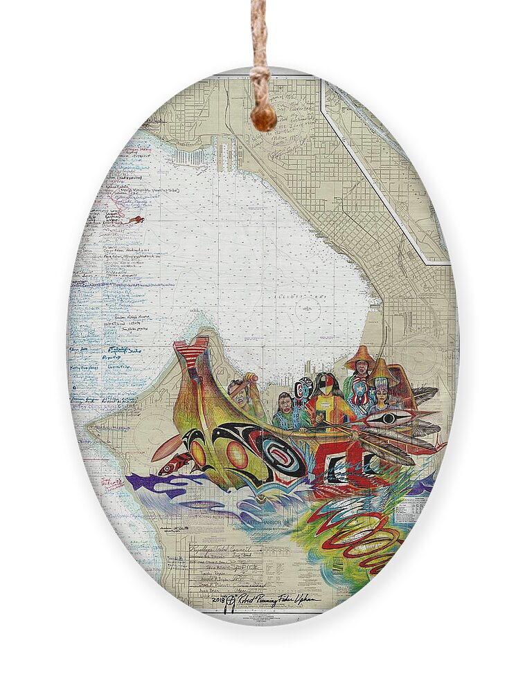 Canoe Journey Ornament featuring the drawing Canoe Journey Seattle by Running Fisher
