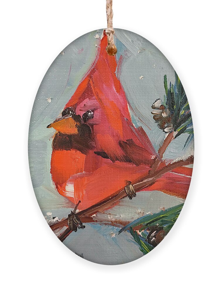 Cardinal Ornament featuring the painting Cardinal in a Fir Tree by Roxy Rich