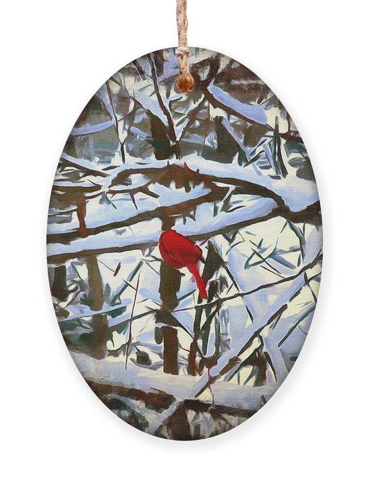 Cardinal Ornament featuring the mixed media Cardinal in the Snowy Trees by Christopher Reed