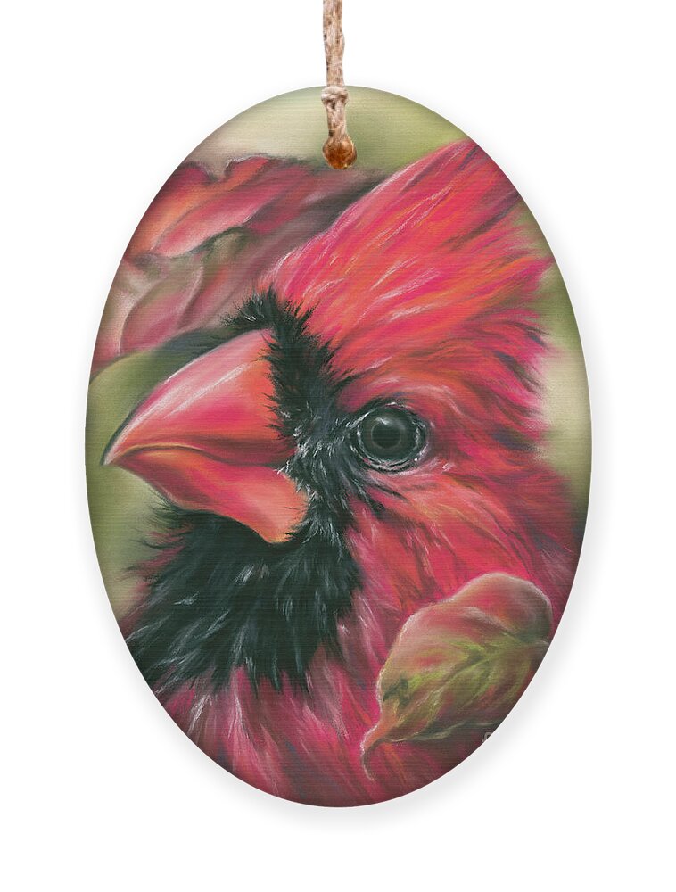 Bird Ornament featuring the painting Cardinal Songbird with Autumn Dogwood Leaves by MM Anderson