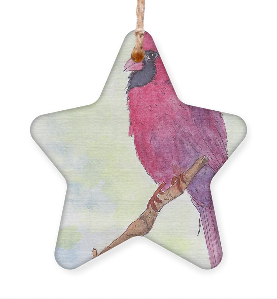 Birds Ornament featuring the painting Cardinal Visiting by Anne Katzeff