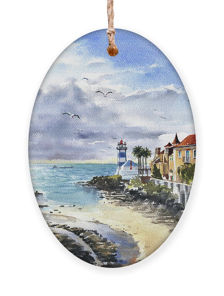 Portugal Ornament featuring the painting Cascais Lighthouse At Low Tide by Dora Hathazi Mendes