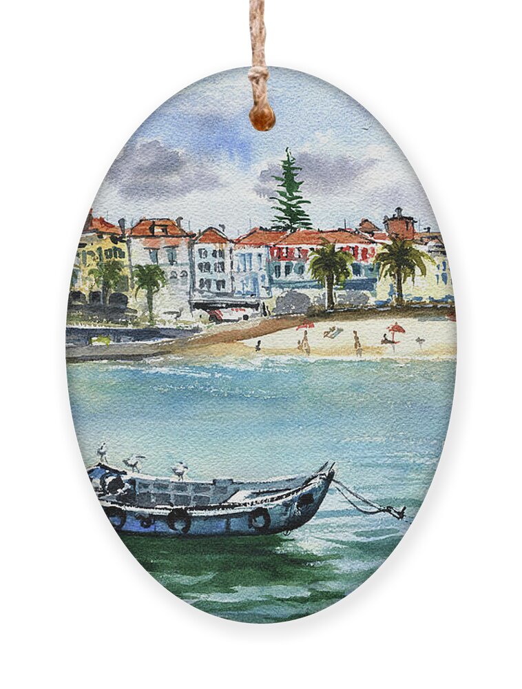 Cascais Ornament featuring the painting Cascais Praia Da Ribeira Painting by Dora Hathazi Mendes