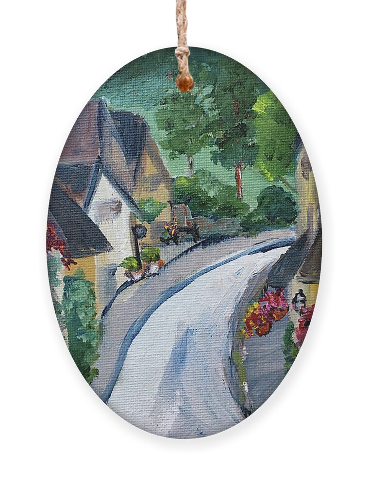 Castle Combe Ornament featuring the painting Castle Combe view from Town Square by Roxy Rich