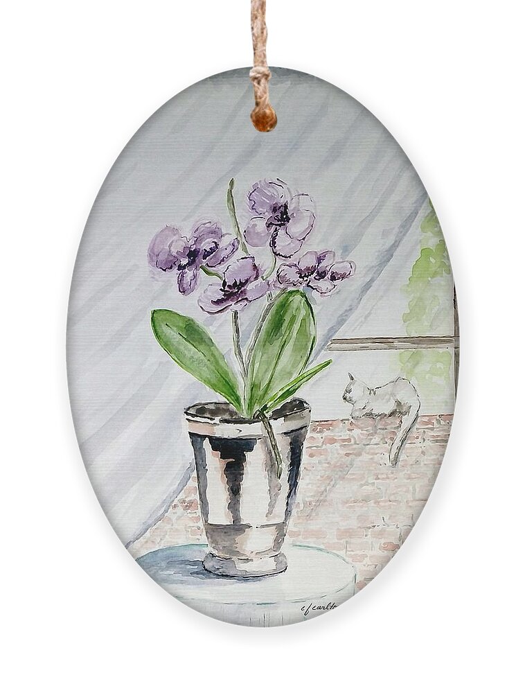 Still Life Ornament featuring the painting Cat through the Window by Claudette Carlton