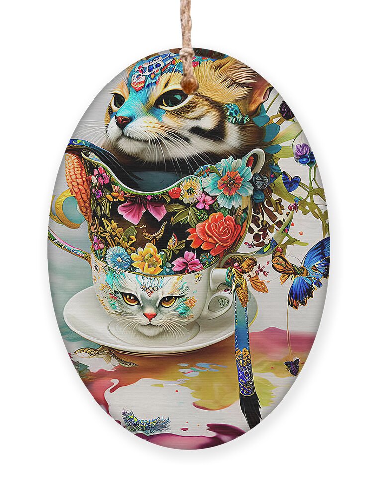 Digital Art Ornament featuring the digital art Cats in A Cup 2 Ginette In Wonderland Decorative Art by Ginette Callaway