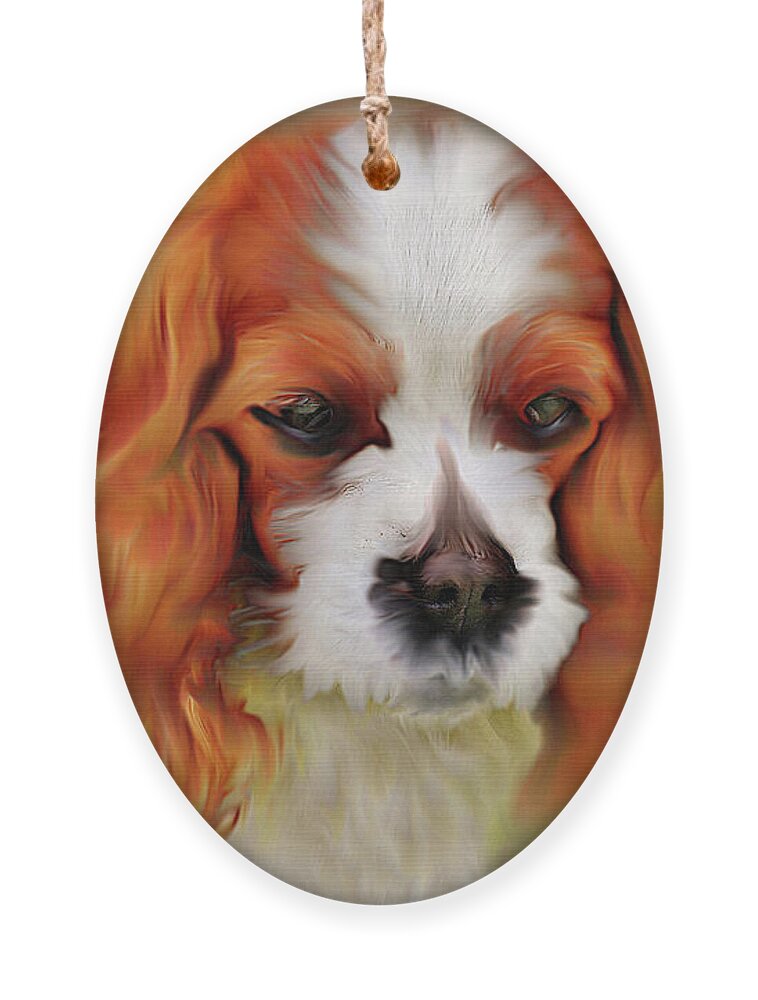 Red Ornament featuring the mixed media Cavalier King Charles Spaniel, Red Dog Portrait by Shelli Fitzpatrick
