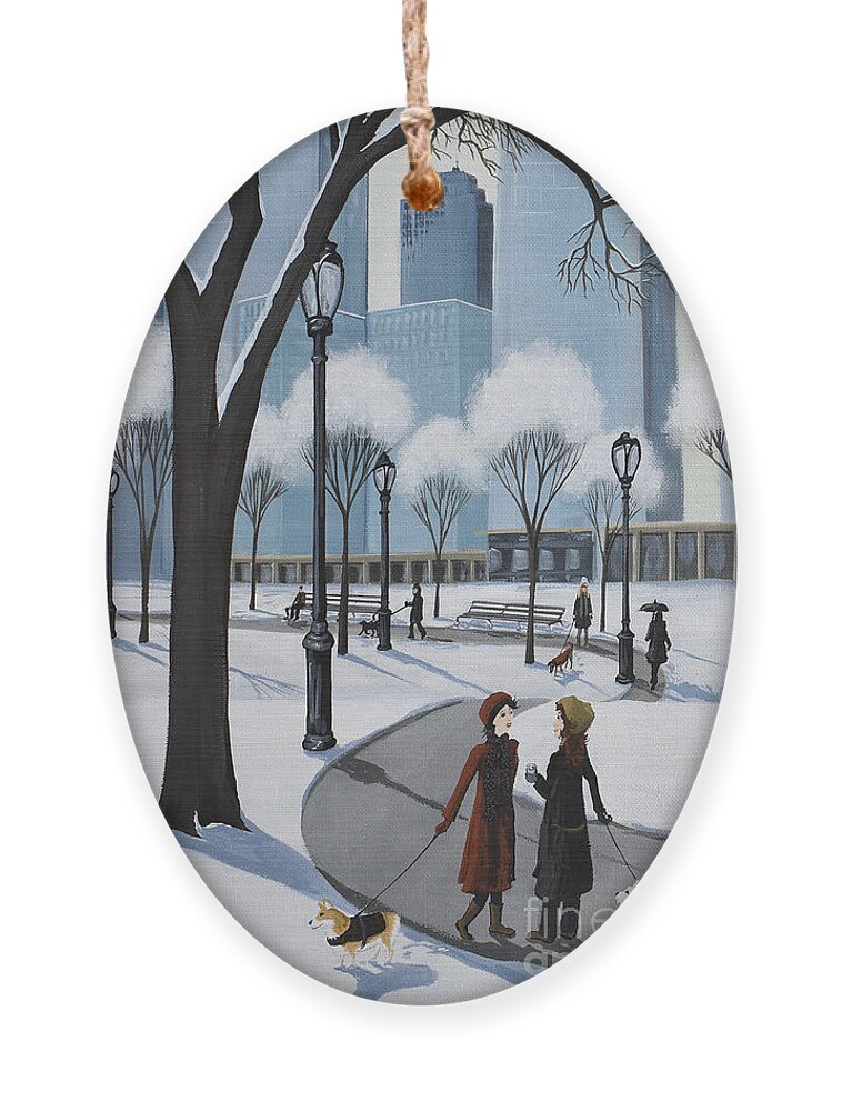 Central Park Ornament featuring the painting Central Park New York puppies dog by Debbie Criswell