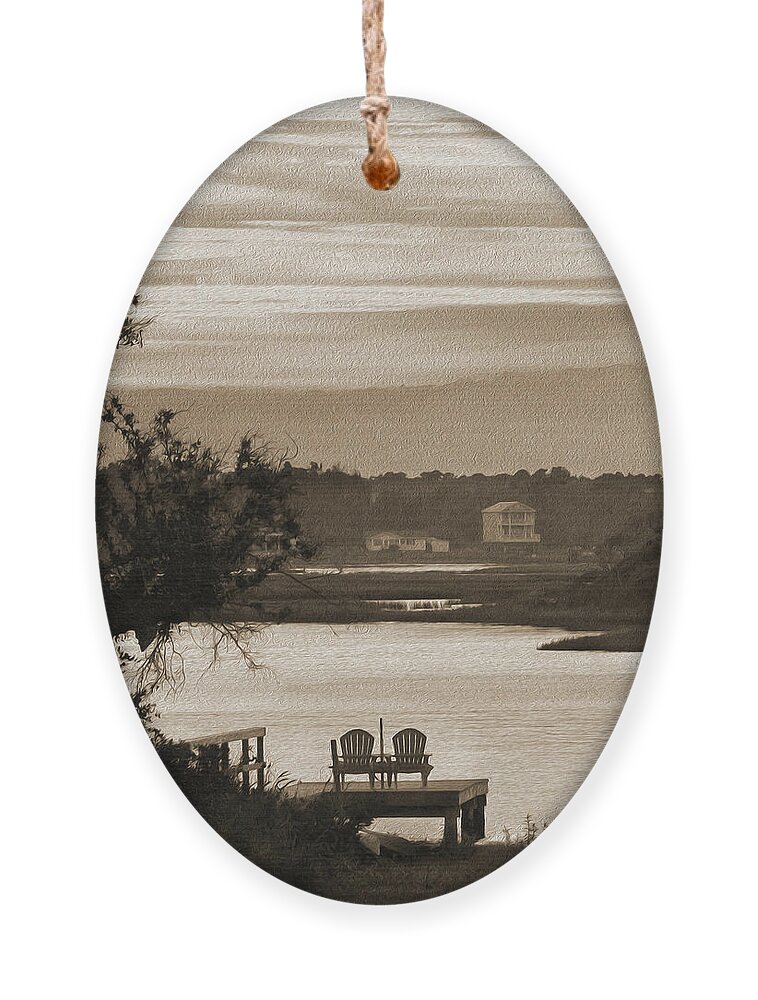 Beach Scene Ornament featuring the photograph Chairs on a Dock by Mike McGlothlen