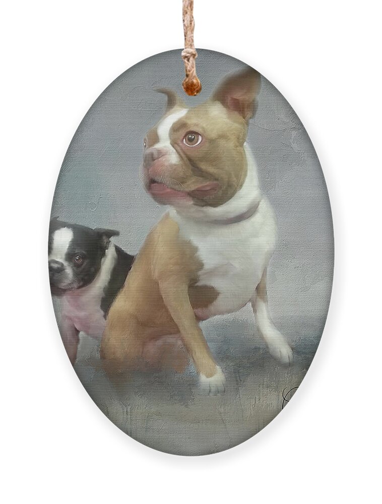 Boston Terrier's Ornament featuring the mixed media Cheech and Chong by Colleen Taylor