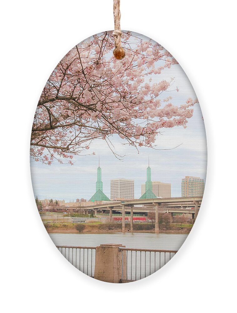 Portland Ornament featuring the photograph Cherry Blossom, Willamette River by Aashish Vaidya