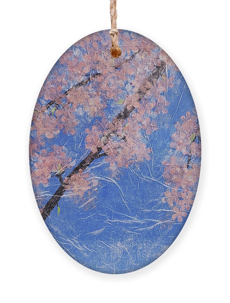 Cherry Blossom Ornament featuring the painting CHERRY BLOSSOMS Abstract painting Pink and Blue by Lynnie Lang