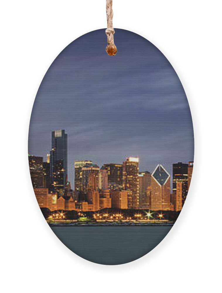 3scape Ornament featuring the photograph Chicago Skyline at Night Color Panoramic by Adam Romanowicz