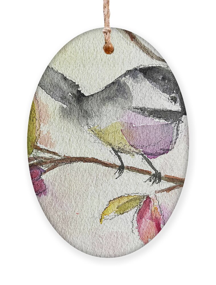 Watercolor Chickadee Ornament featuring the painting Chickadee perched in a Tree by Roxy Rich