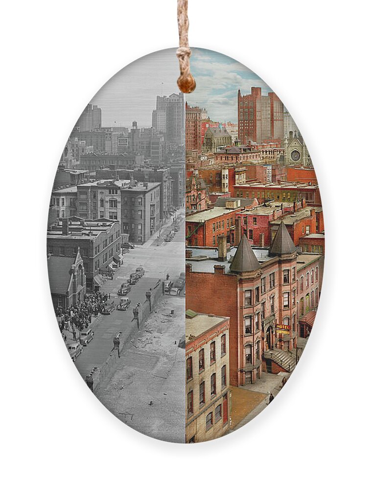 Chicago Ornament featuring the photograph City - Chicago, IL - The Churches of Chicago 1942 - Side by Side by Mike Savad
