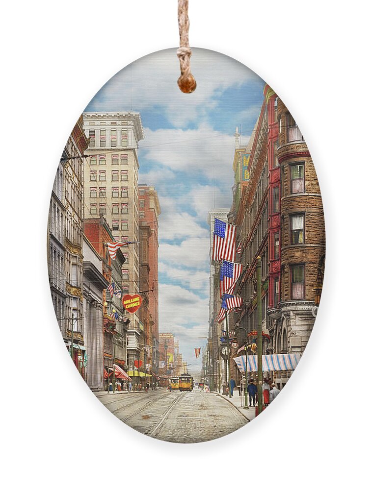 Cincinnati Ornament featuring the photograph City - Cincinnati, OH - Fourth and Race St 1908 by Mike Savad