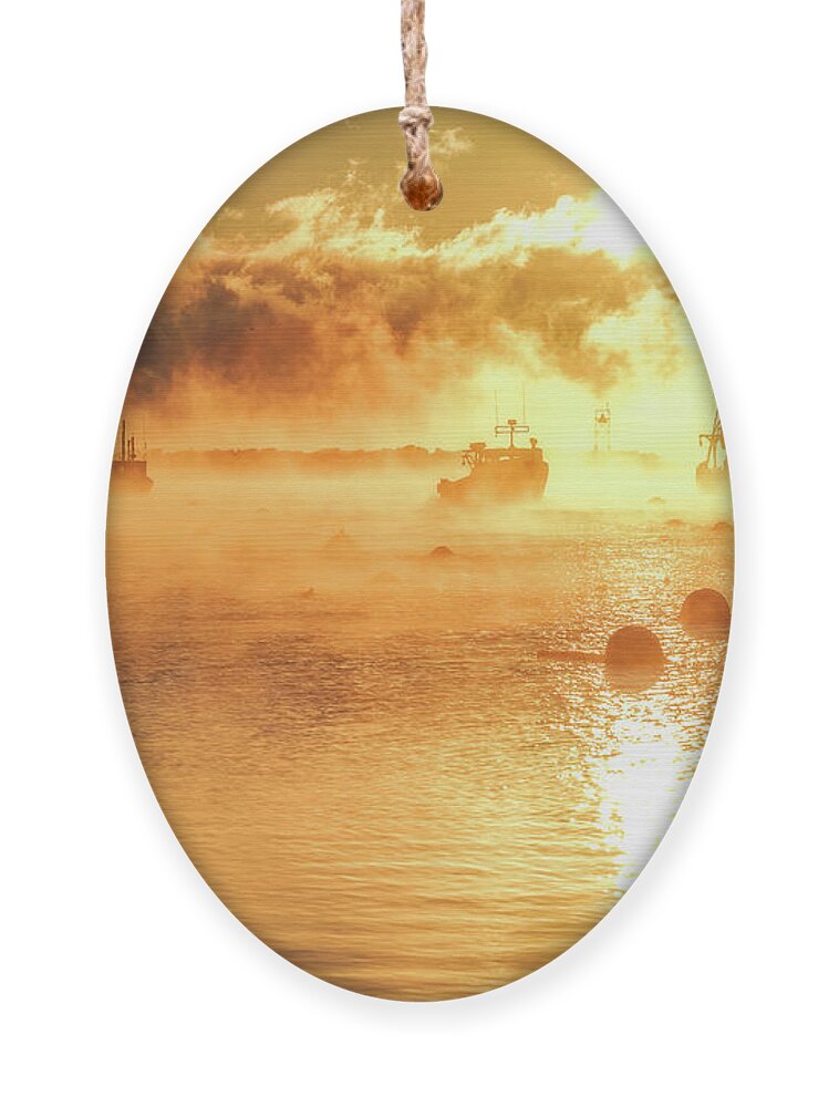 New Hampshire Ornament featuring the photograph Cold Harbors, Fishing Boats In The Sea Smoke. by Jeff Sinon