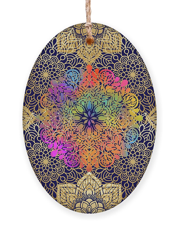 Mandala Ornament featuring the digital art Colorful Gold Mandala Pattern in Black Background by Sambel Pedes