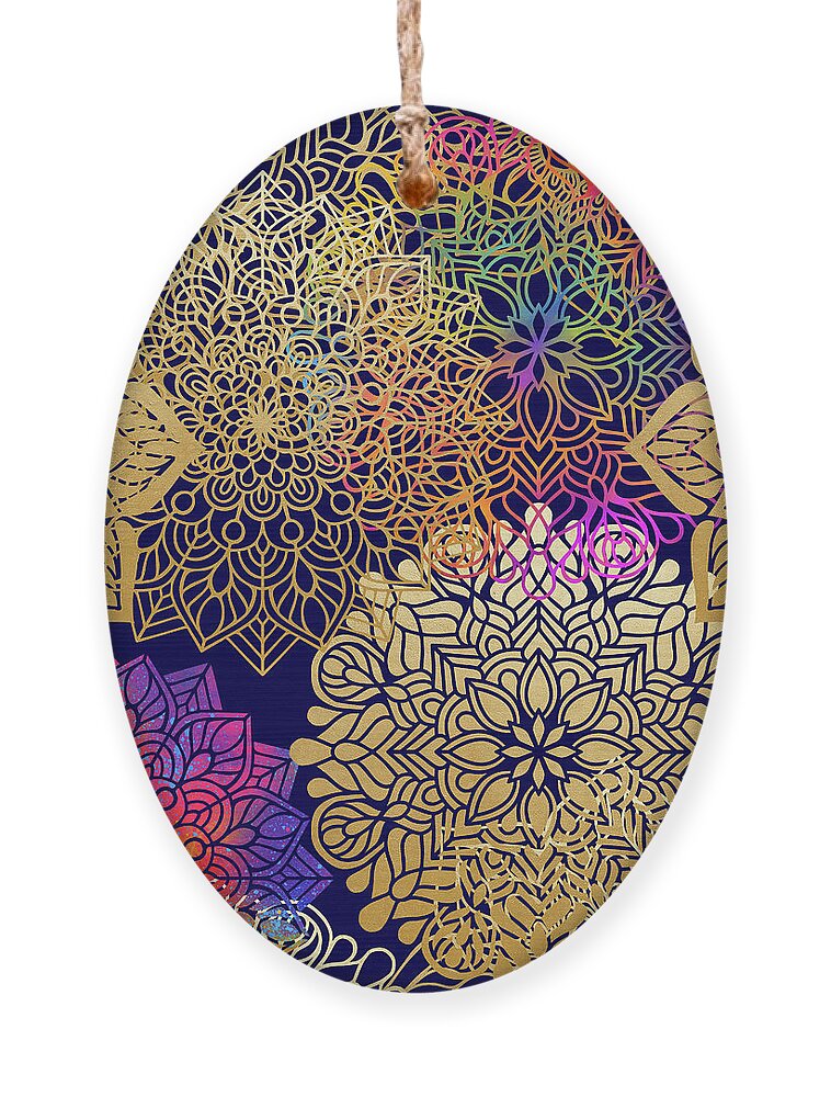 Mandala Ornament featuring the digital art Colorful Gold Mandala Pattern In Dark Background by Sambel Pedes