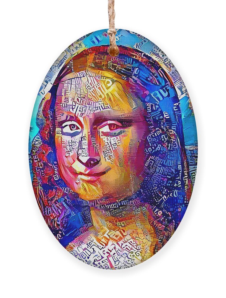 Mona Lisa Ornament featuring the digital art Colorful Mona Lisa portrait with blue, orange and magenta color scheme by Nicko Prints