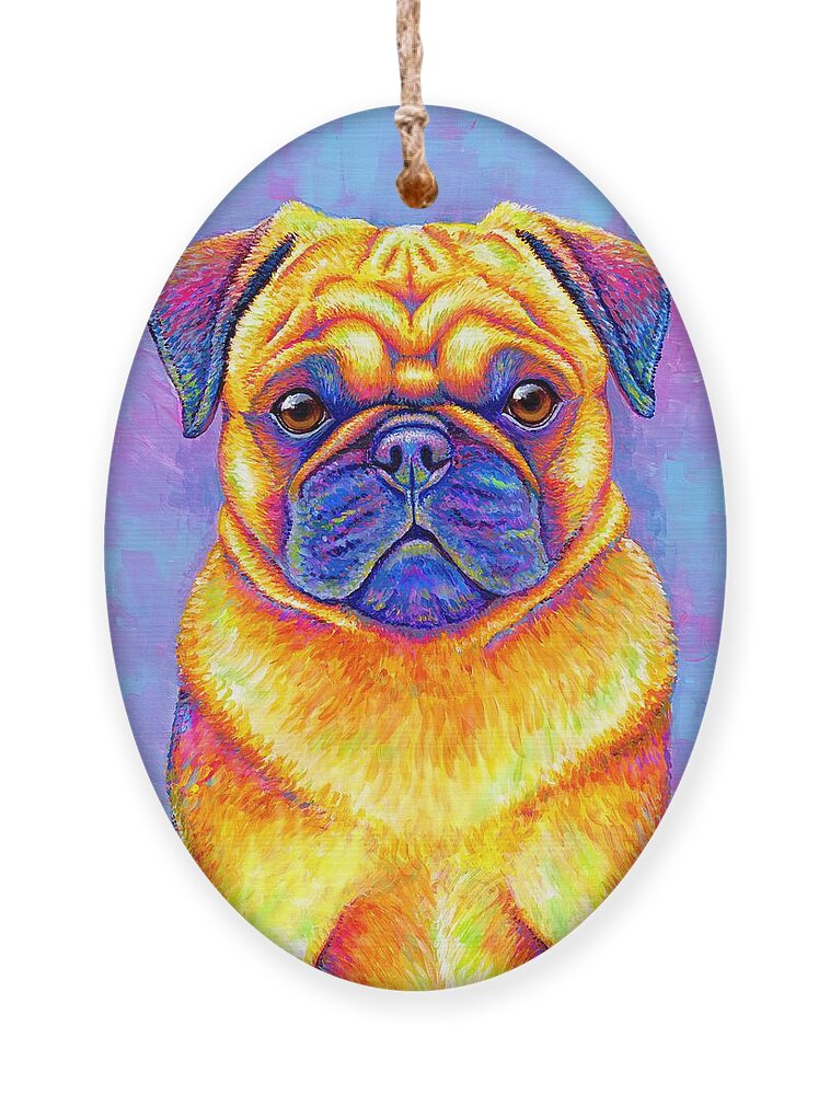 Pug Ornament featuring the painting Colorful Rainbow Pug Dog Portrait by Rebecca Wang