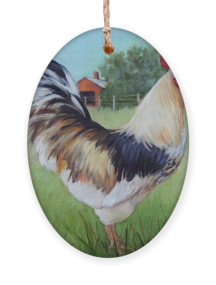 Rooster Ornament featuring the painting Colorful Rooster and Red Barn Landscape and Scene by Cheri Wollenberg by Cheri Wollenberg