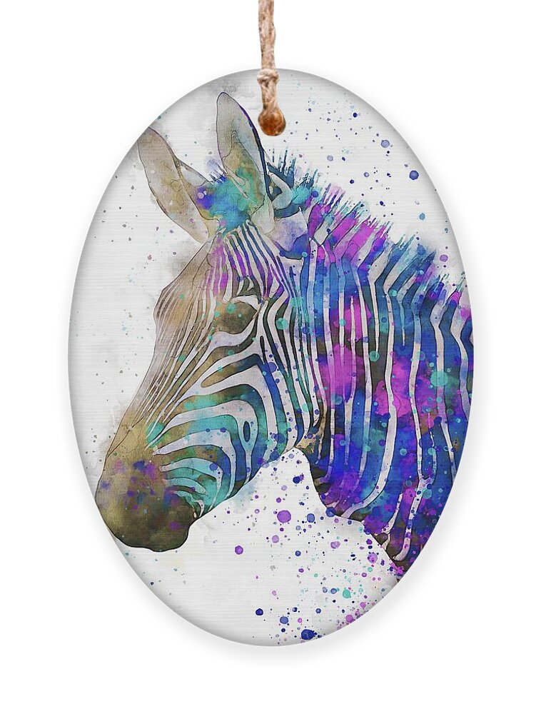 Colorful Zebra Print Ornament featuring the painting Colorful watercolor zebra by Alexandra Arts