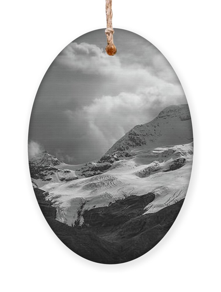 Athabasca Glacier Landscape Ornament featuring the photograph Columbia Icefield Mountains Black And White by Dan Sproul