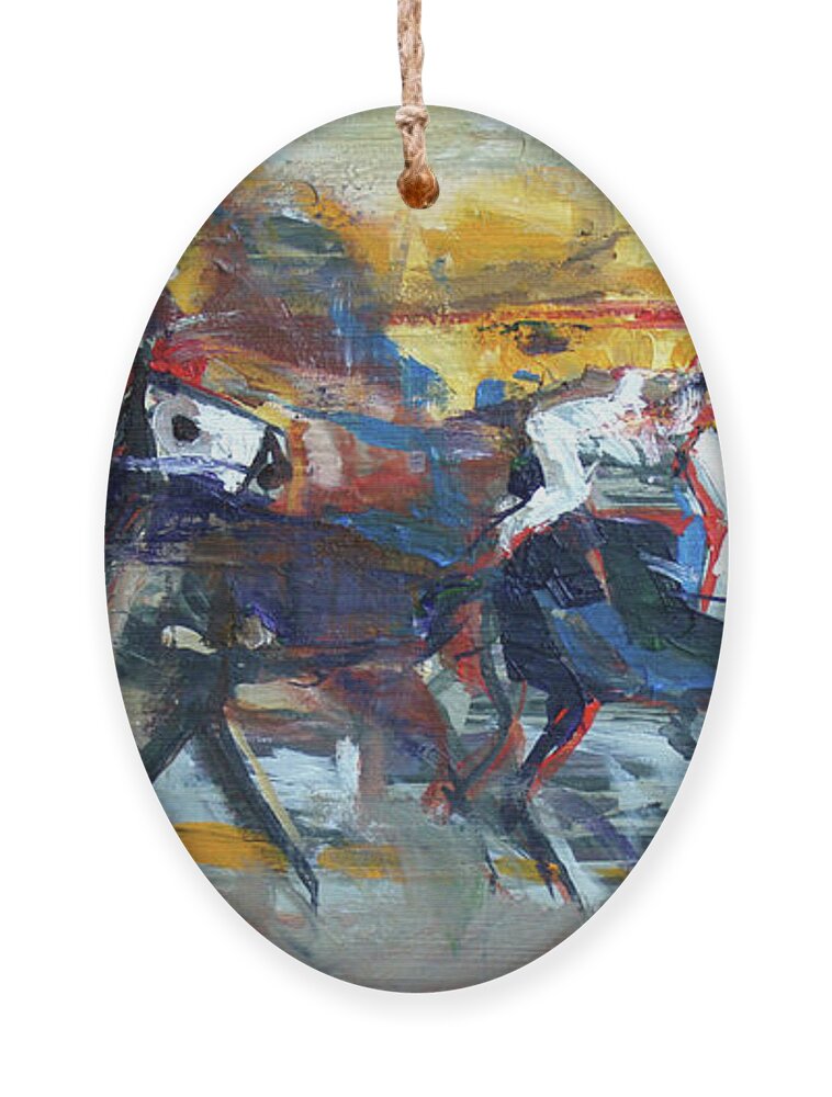 Kentucky Horse Racing Ornament featuring the painting Controlled Chaos by John Gholson