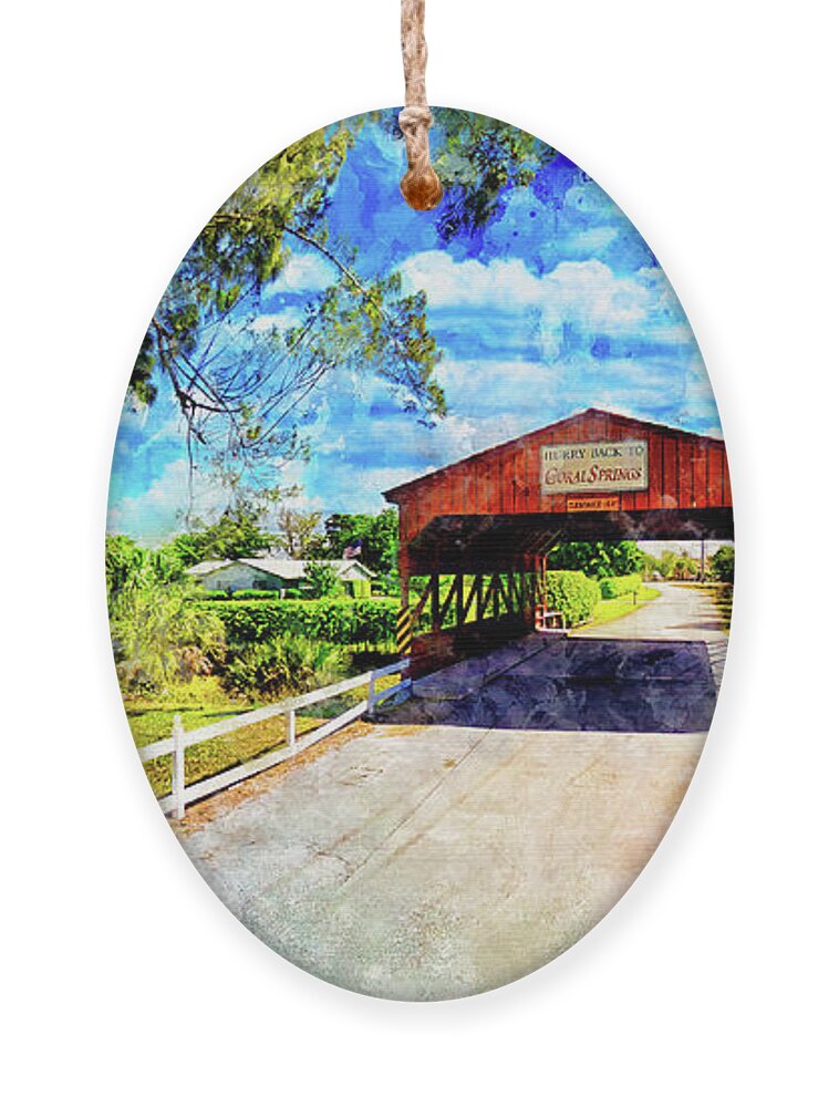 Coral Springs Covered Bridge Ornament featuring the digital art Coral Springs Covered Bridge - watercolor ink painting by Nicko Prints