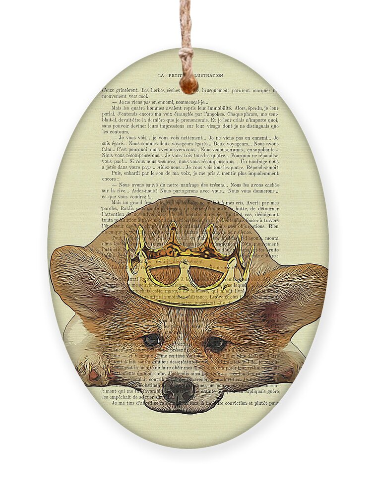 Corgi Ornament featuring the digital art Corgi dog with a golden crown artwork on book page by Madame Memento