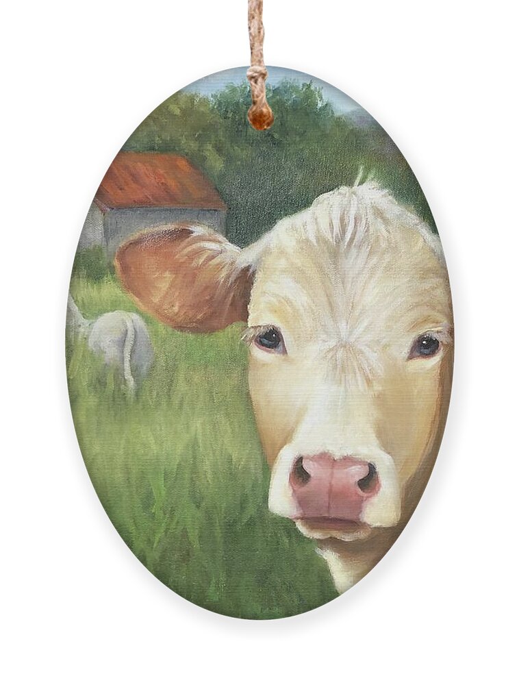 Cows Ornament featuring the painting Cows Gazing and Grazing in Arkansas Paddock by Cheri Wollenberg by Cheri Wollenberg