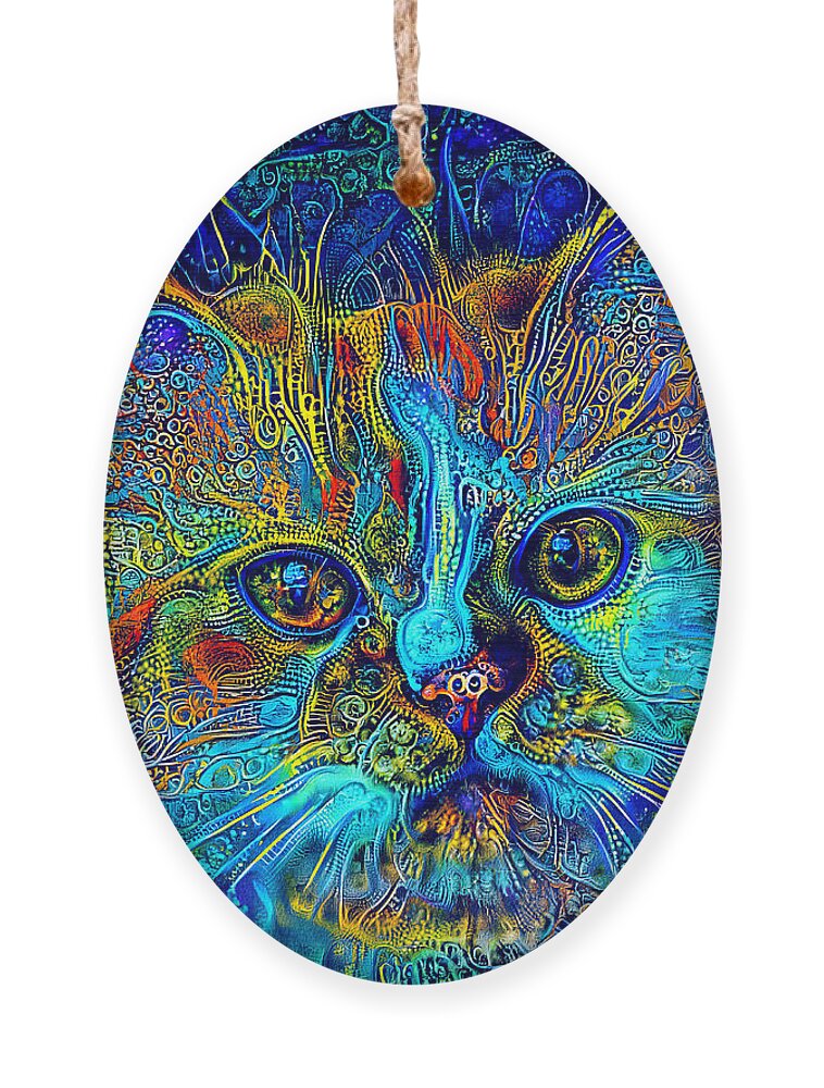 Persian Cat Ornament featuring the digital art Cute Persian cat with blue and cyan colorful patterns by Nicko Prints