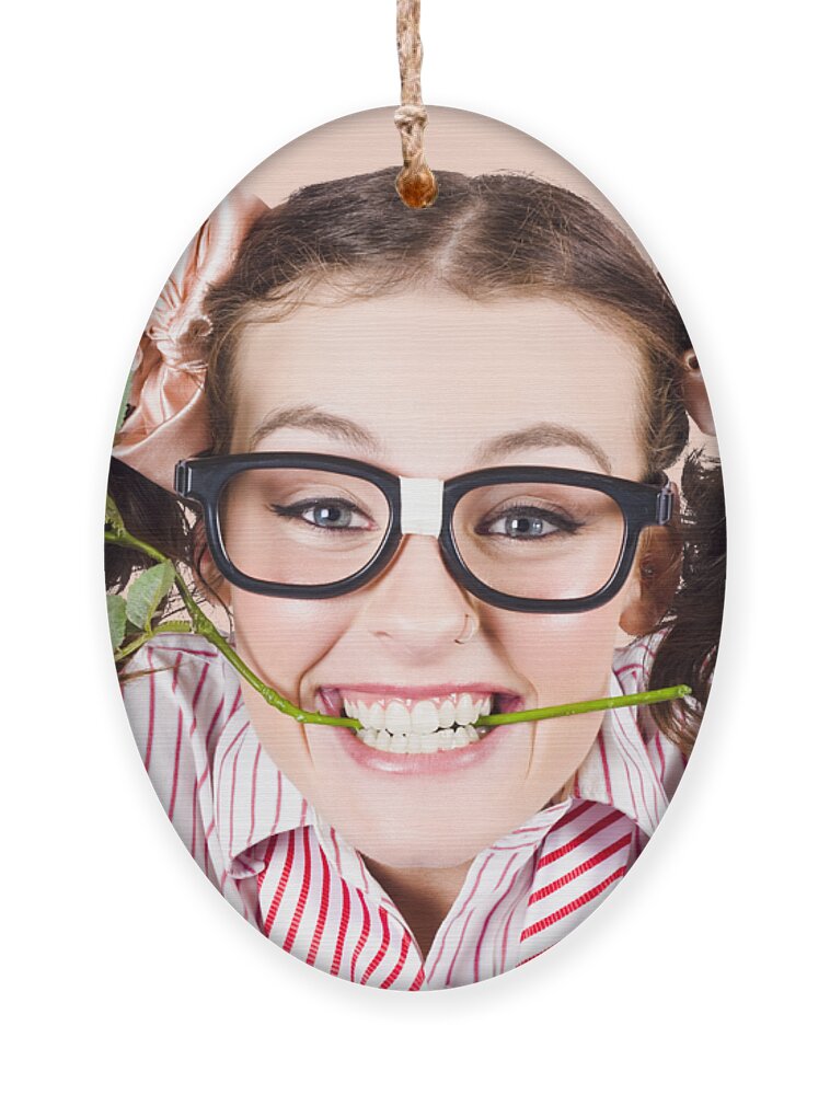 Funny Ornament featuring the photograph Cute Smiling Woman Wearing Nerd Glasses With Rose by Jorgo Photography