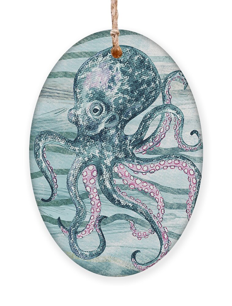 Octopus Ornament featuring the painting Cute Teal Blue Watercolor Octopus On Calm Wave Beach Art by Irina Sztukowski