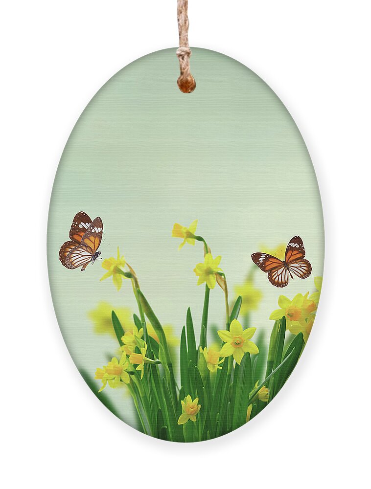Daffodil Ornament featuring the photograph Daffodils and Butterflies by Anastasy Yarmolovich