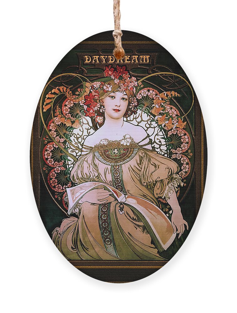 Daydream Ornament featuring the painting Daydream c1896 by Alphonse Mucha Remastered Retro Art Xzendor7 Reproductions by Xzendor7