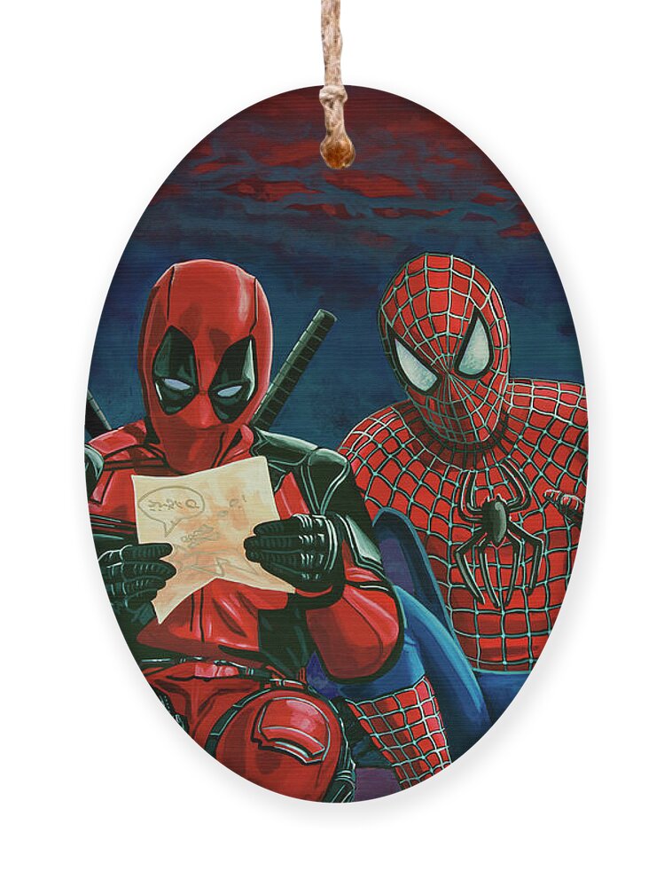 Deadpool Ornament featuring the painting Deadpool and Spiderman Painting by Paul Meijering